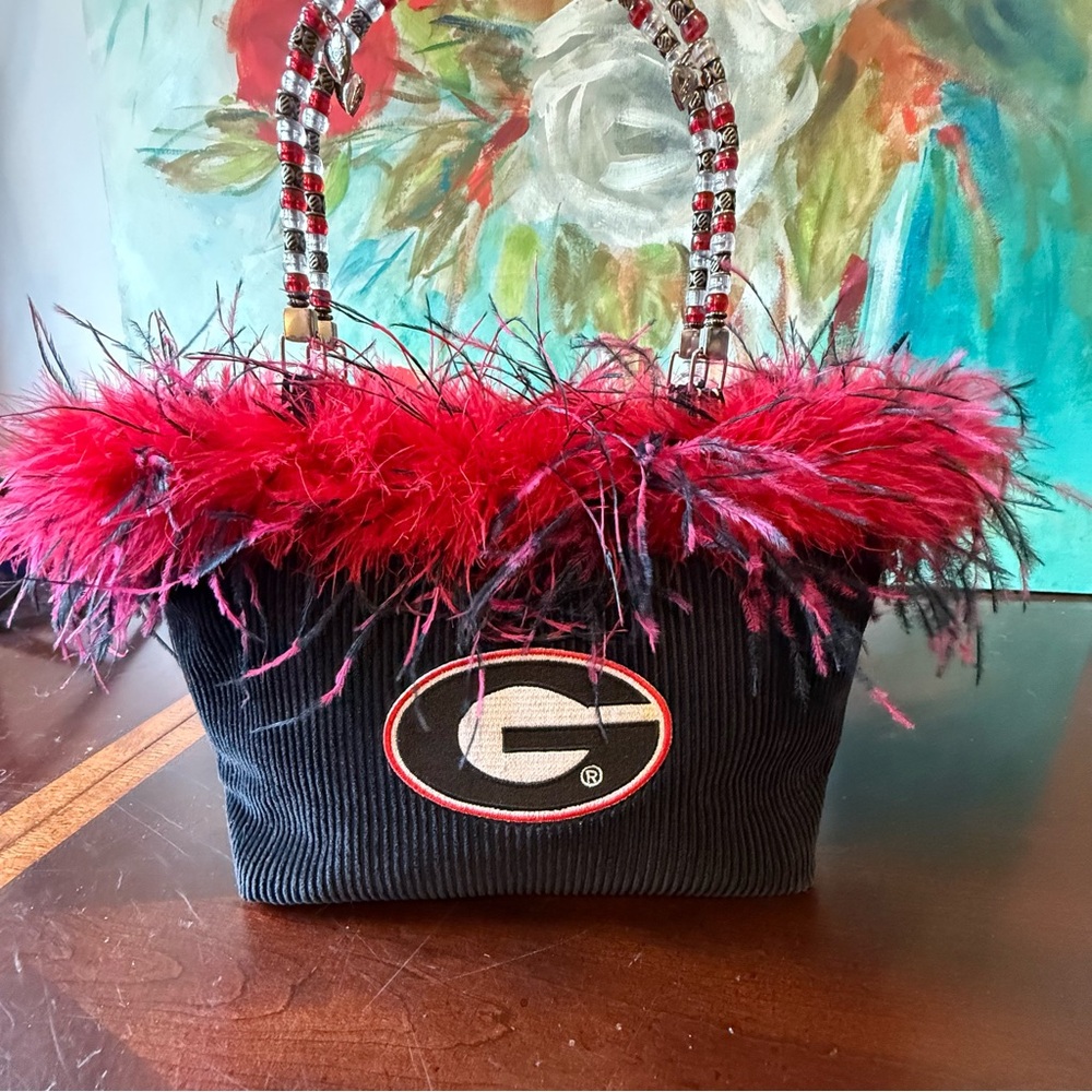 Georgia Bulldogs Purse Handbag Tote Corduroy w Feathers & Beaded Handle - Picture 4 of 9